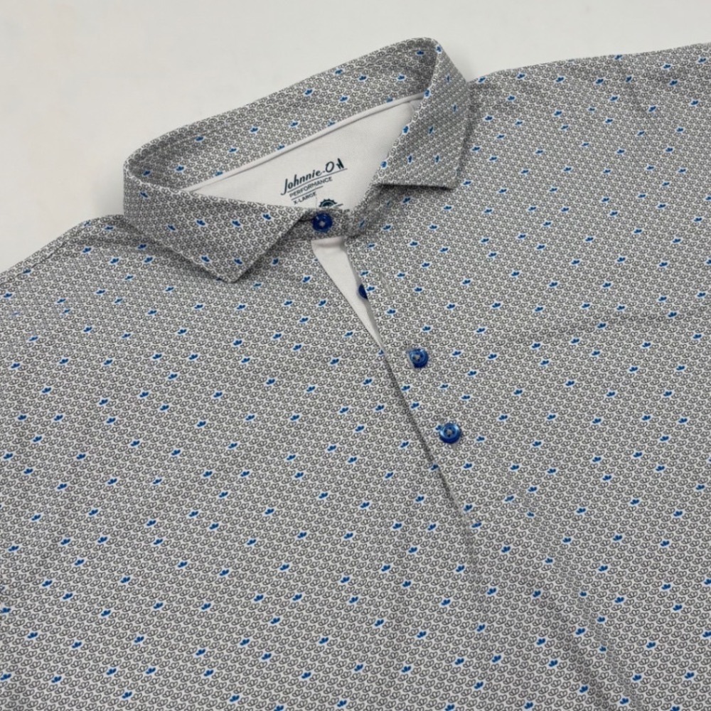 Johnnie-O Performance Mens XL Grey Blue Geometric Print UPF 50 Golf Polo Shirt